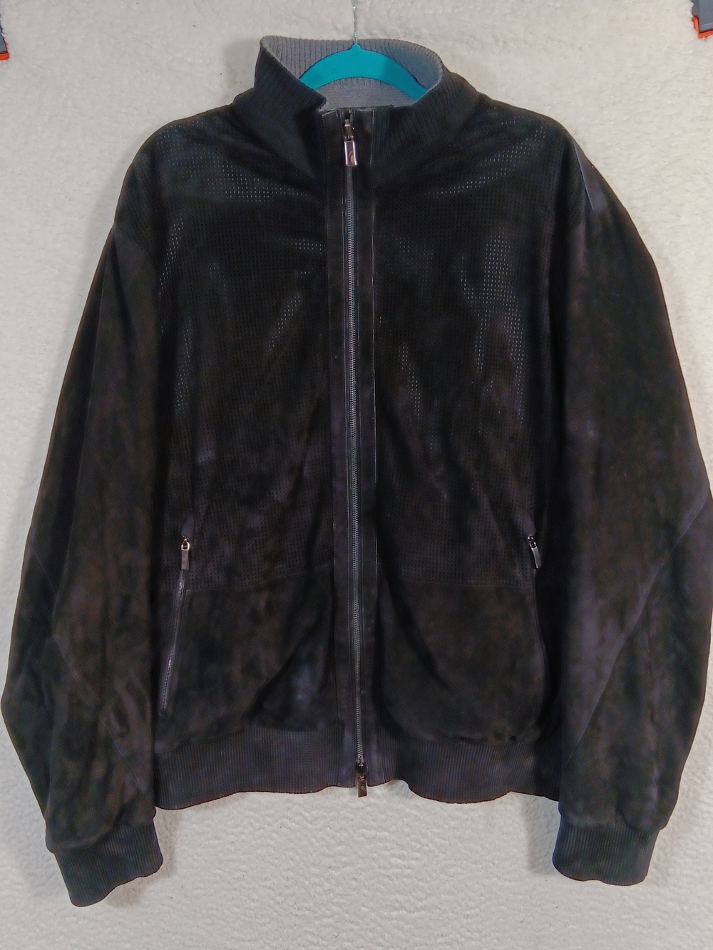 Ermenegildo Zegna Jacket Mens 58 Black Perforated Suede Lambskin Wool Bomber